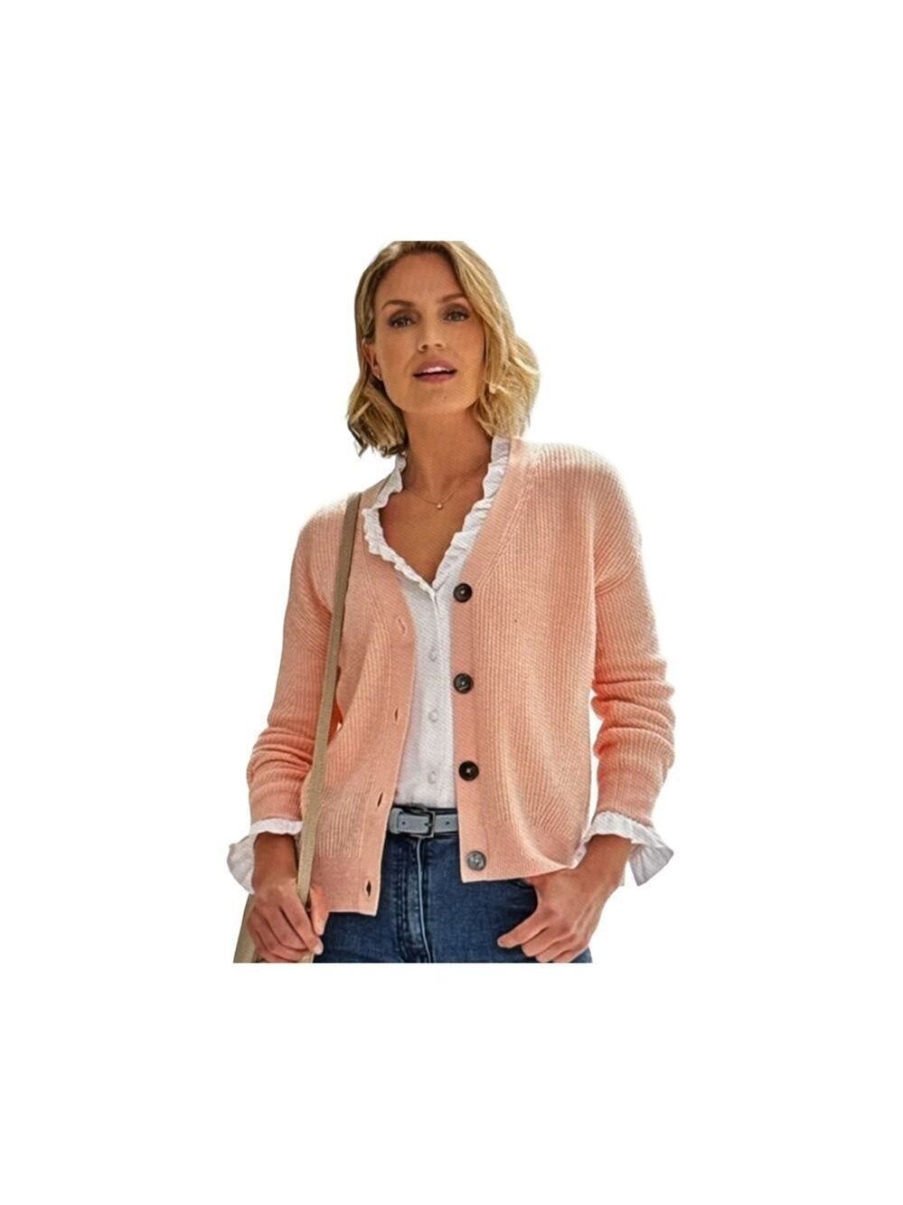 PURE COLLECTION RIBBED V-NECK CARDIGAN. PEACH SORBET